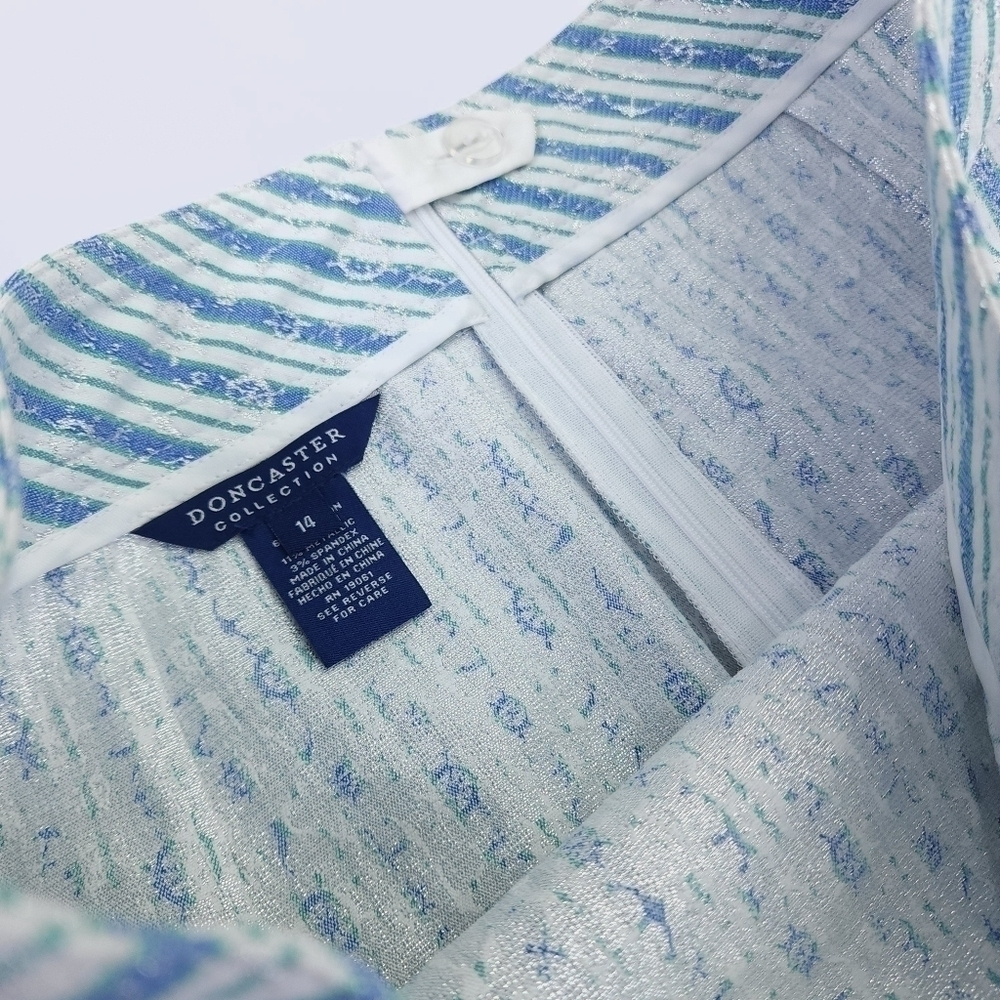 New Doncaster Blue Green White Stripe Silver Foil Buttoned Skirt Sz 14 - Picture 5 of 11